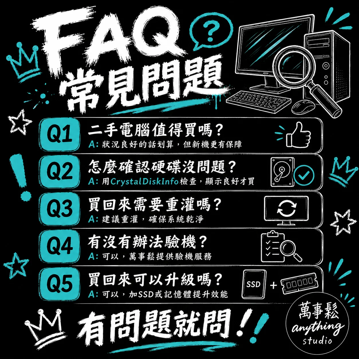 買二手電腦常見問題 FAQ｜萬事鬆 anythung studio
