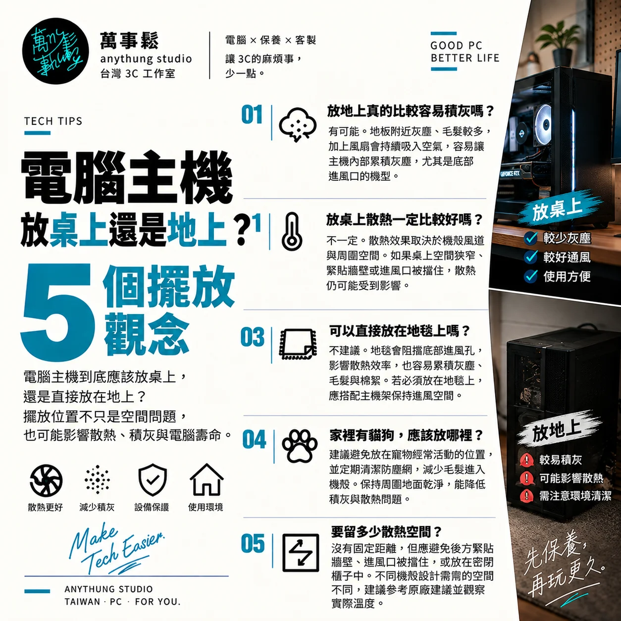 電腦主機放地上還是桌上比較好？5 個擺放觀念，可能影響散熱與積灰！