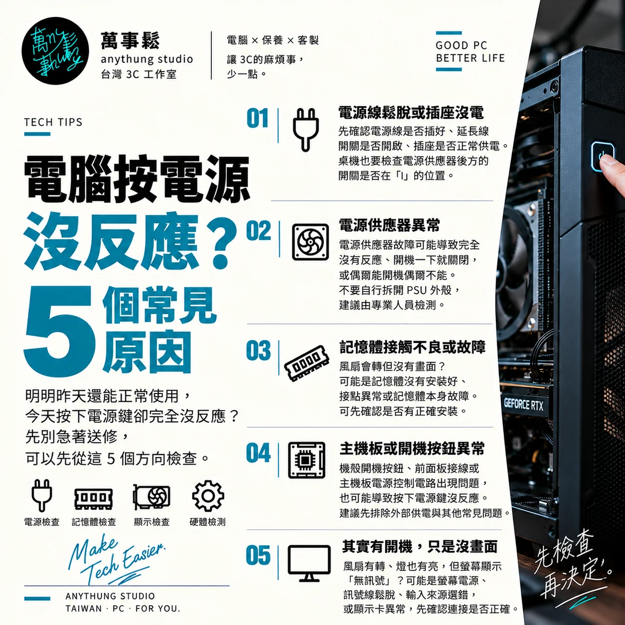 電腦按電源沒反應？5 個常見原因，先別急著送修！